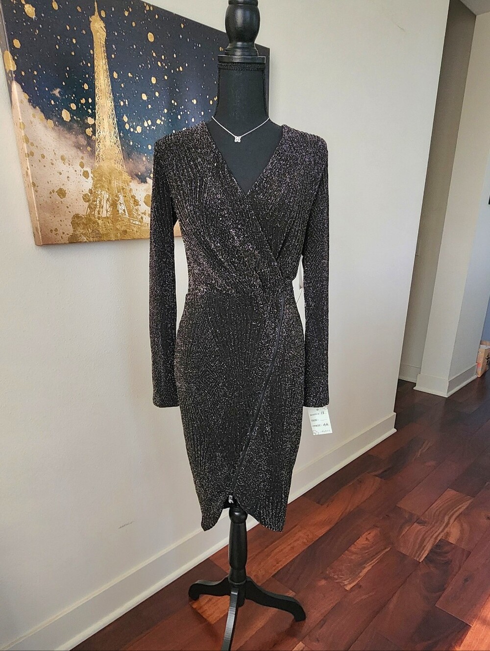 RACHEL Rachel Roy Black Sparkle Faux-Wrap Long Sleeve Dress